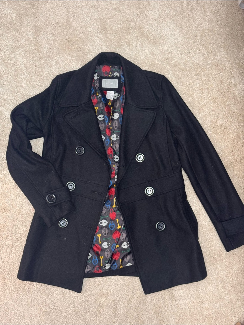 dELiA*s Black Double-Breasted Peacoat with Playful Lining